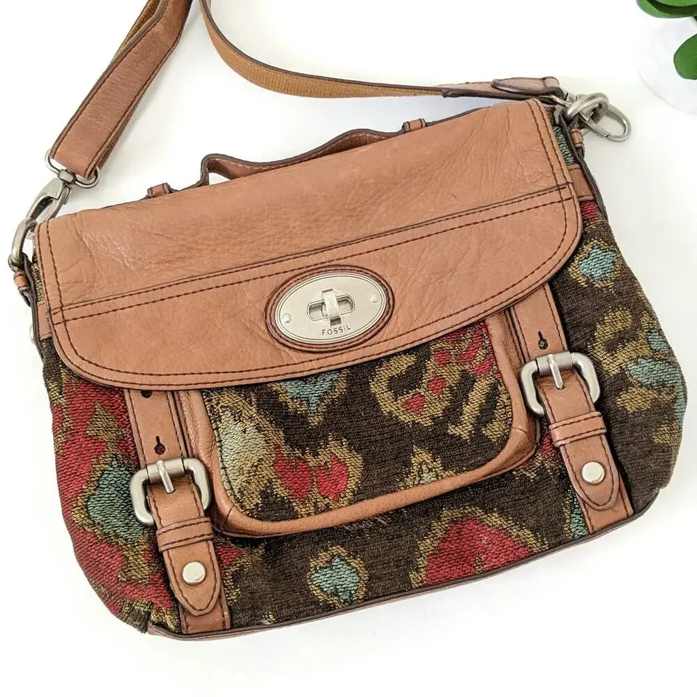 Long Live Vintage Fossil 1954 Maddox Brown Leather Tapestry Messenger Purse RARE